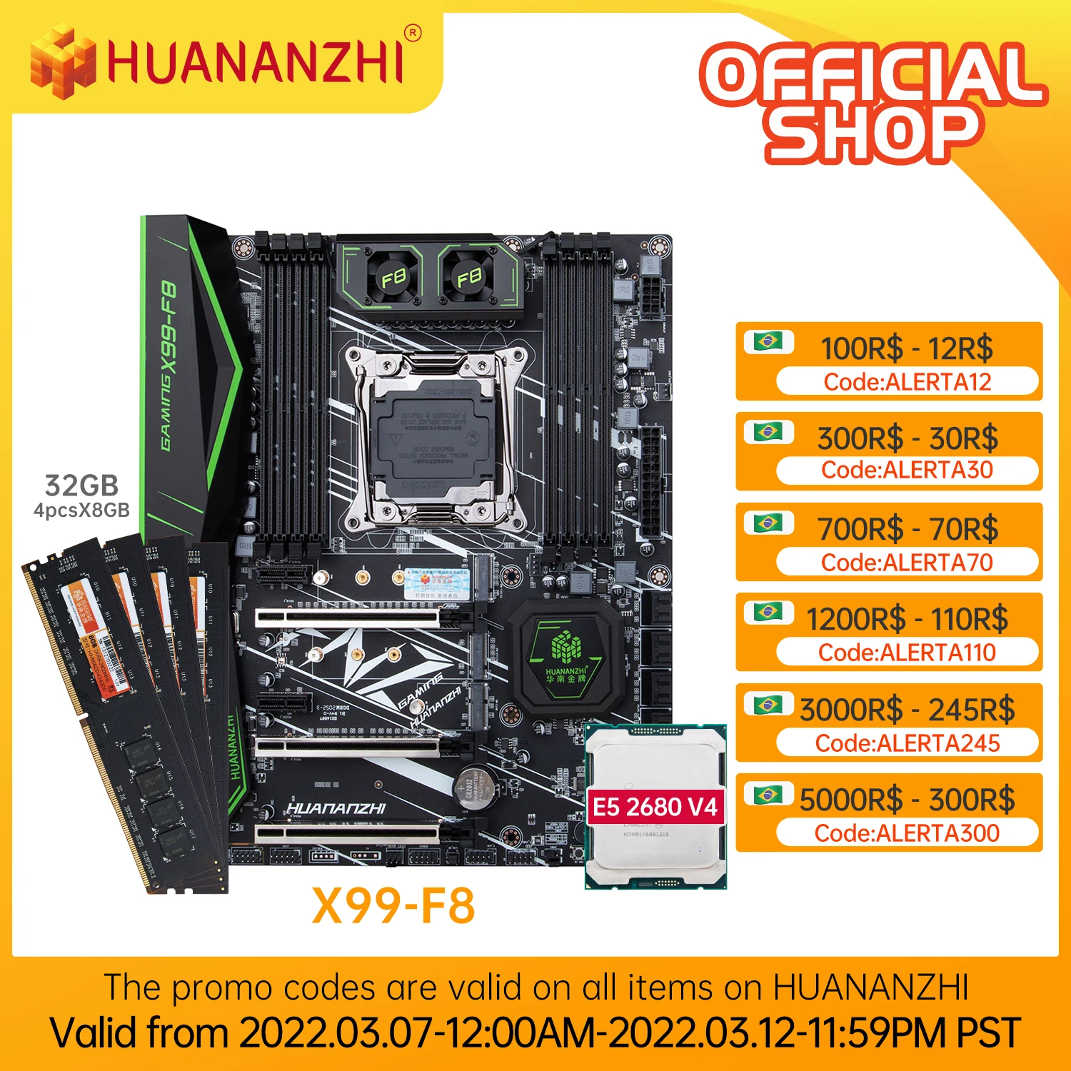 HUANANZHI-placa base X99 F8 X99, con Intel XEON E5 2680 v4, 4x8G, DDR4, conjunto de memoria no ECC, NVME, SATA 3,0, USB 3,0