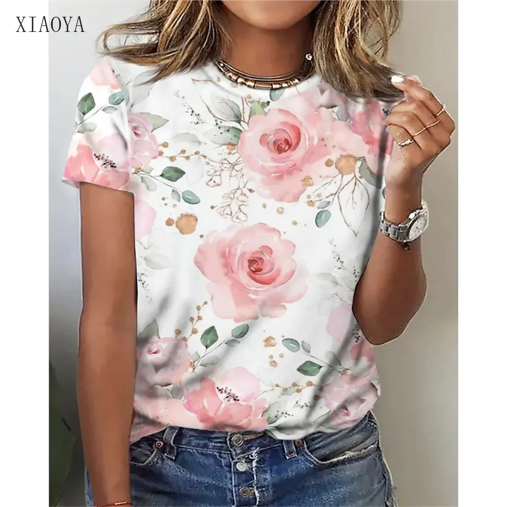 

New O-neck Women's T-shirt Flower Pattern 3D Printing Fashion Ladies Top Casual Short-sleeved Tee Daily Street Femmes Wear Shirt