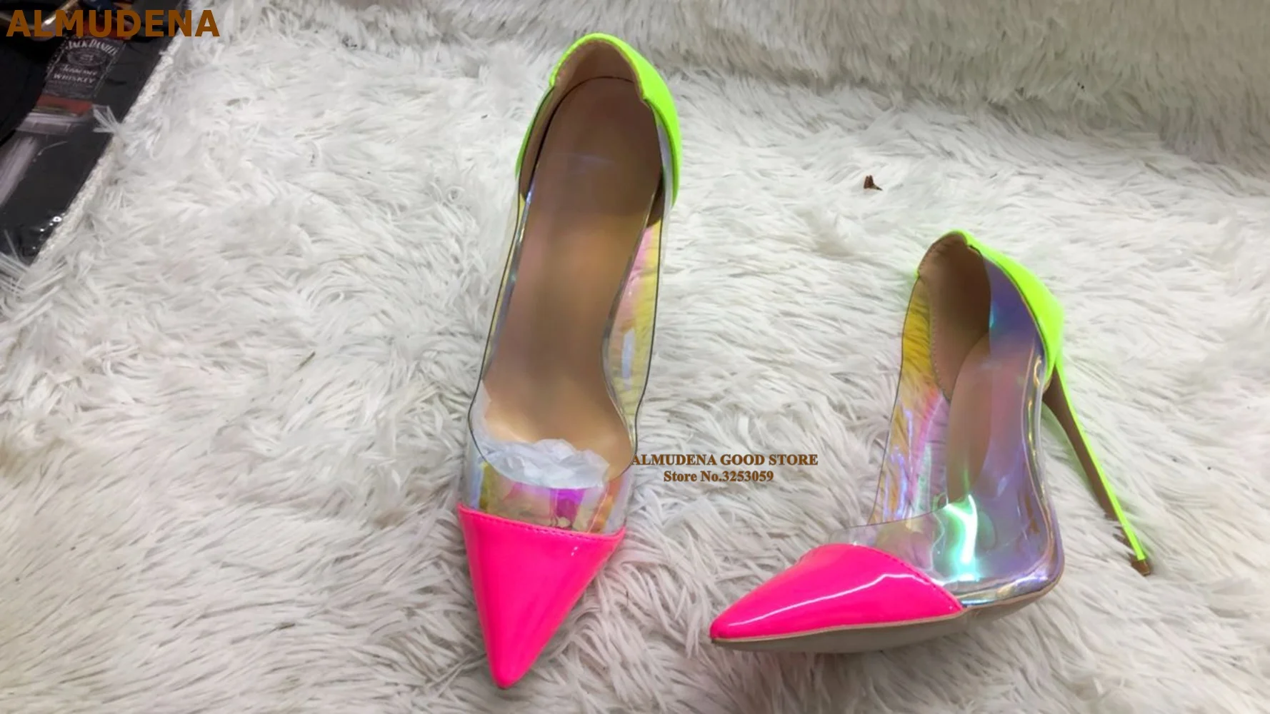 ALMUDENA Pink Pointed Toe Clear PVC High Heel Pumps 12CM 10CM 8CM Stiletto Heels Neon Yellow Heel Color Patchwork Wedding Shoes