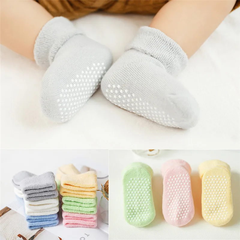 

3 Pairs Autumn Winter Solid Color Baby Terry Tube Socks Coral Fleece Thick Warm Floor Socks Non-slip Baby Toddler Socks