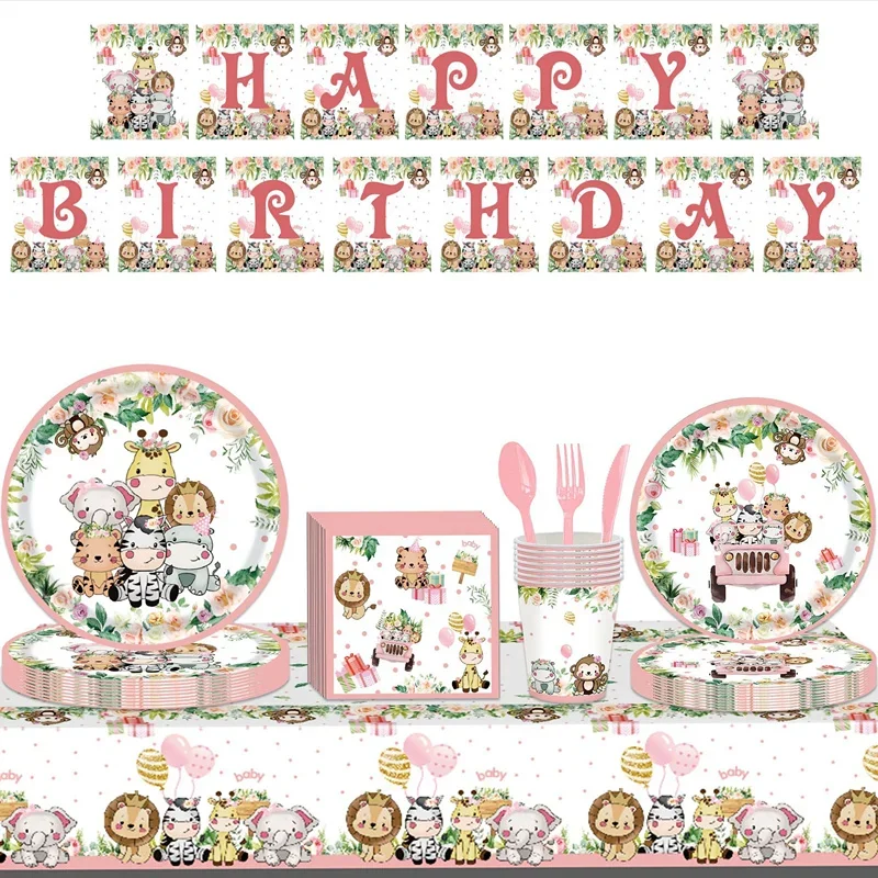 

2023 New Pink Jungle Animal Disposable Tableware Cup Plate Set Kids Girls Birthday Balloons Banner Tablecloth Decoration
