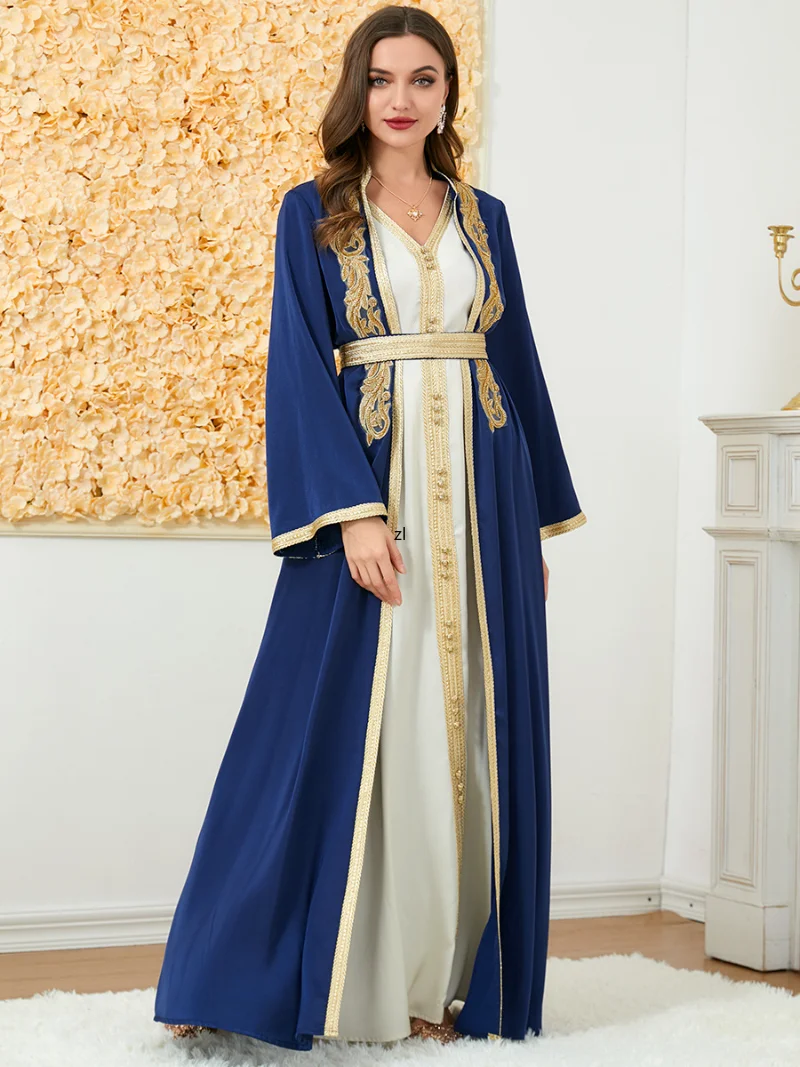 Abaya Woman Dubai Luxury Floral Appliques Cardigan Gown And V-Neck Lace Tape Vest Dress Muslim Sets Belted Kaftan
