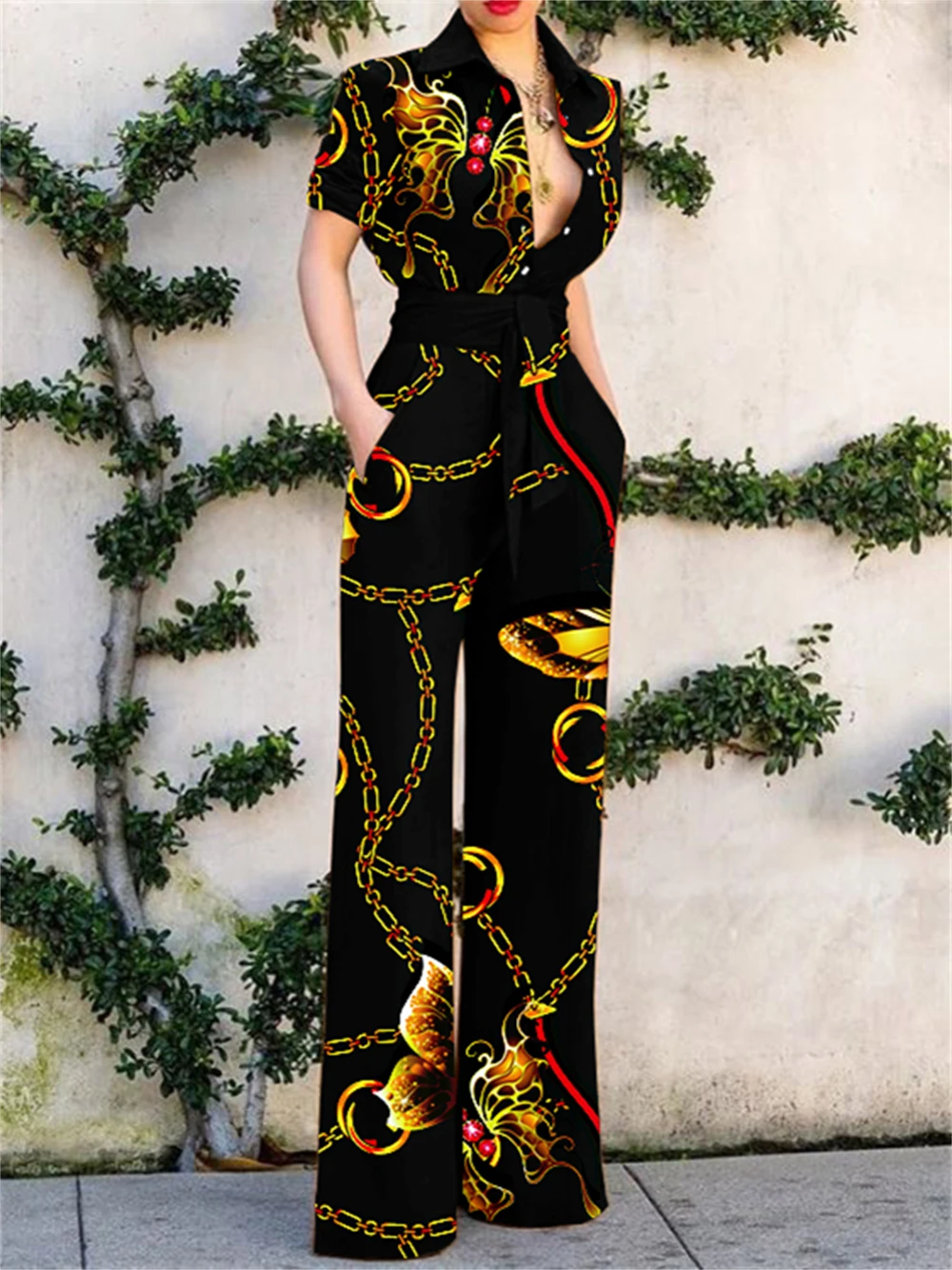 BubbleKiss Summer Fashion Bodysuit Print Lapel Short Sleeve Sexy Jumpsuits Women Straight Overalls Jumpsuit Femme Monos Mujer
