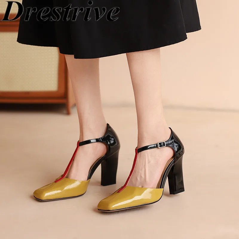 

Drestrive Full Genuine Leather Square Toe Mixed Color Buckle Thick High Heel 2022 Summer Shoes Turmeric Women's Pumps