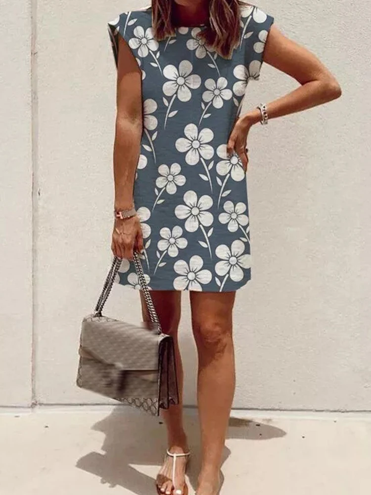 

Fashion Mini Floral Print Women Dress Sexy Short Sleeve Summer Vintage Party Dress Elegant O Neck Pullover Commuter Loose Dress