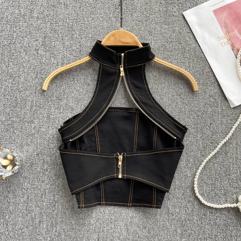 

Spring 2022 New Ins Design European And American Hot Girl Off-Shoulder Halter Hollow Small Vest Sling Zipper Top For Womeny2k