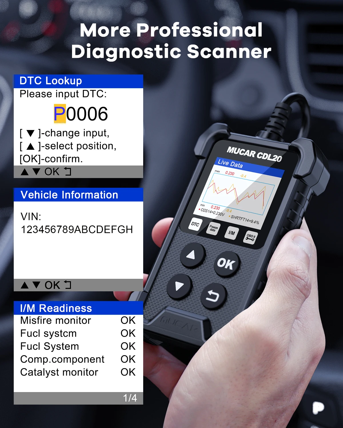 Фото Диагностический сканер MUCAR CDL20 OBD2, усовершенствованный считыватель кодов неисправностей двигателя OBDII/EOBD, диагностический инструмент для всех автомобилей №4