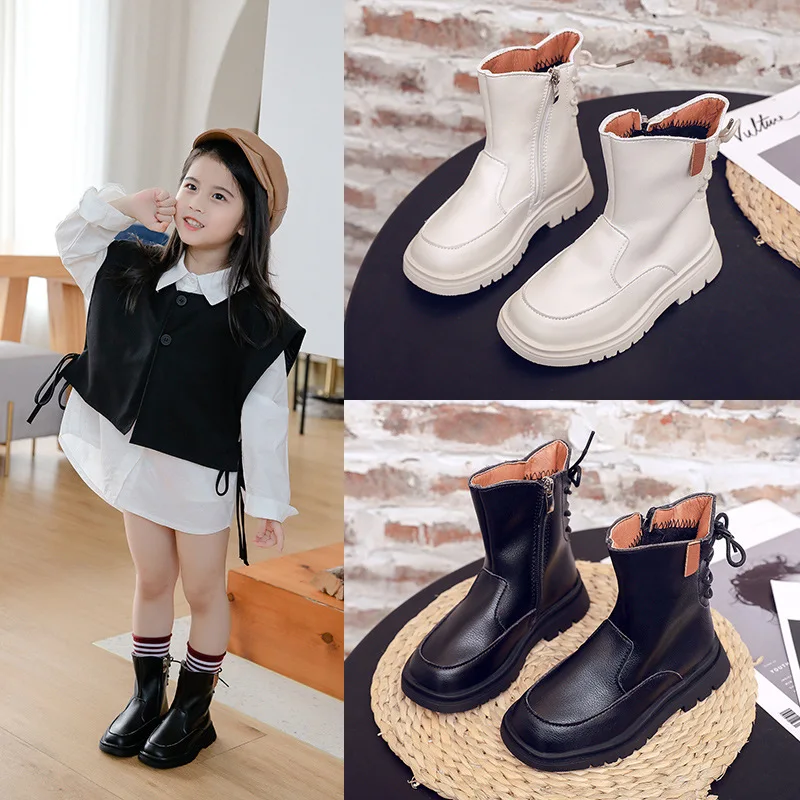 

Girls Martin Shoes New Autumn Children PU Fashion Short Boots 2021 Children Students British Style Black Boot Matte Back Lace-up