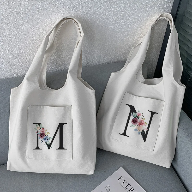

Fashion White Shoulder Bag Woman Shopping Bag Casual Initial Name Letter Pattern Printing Large Capacity Soft Commuter Tote Bag