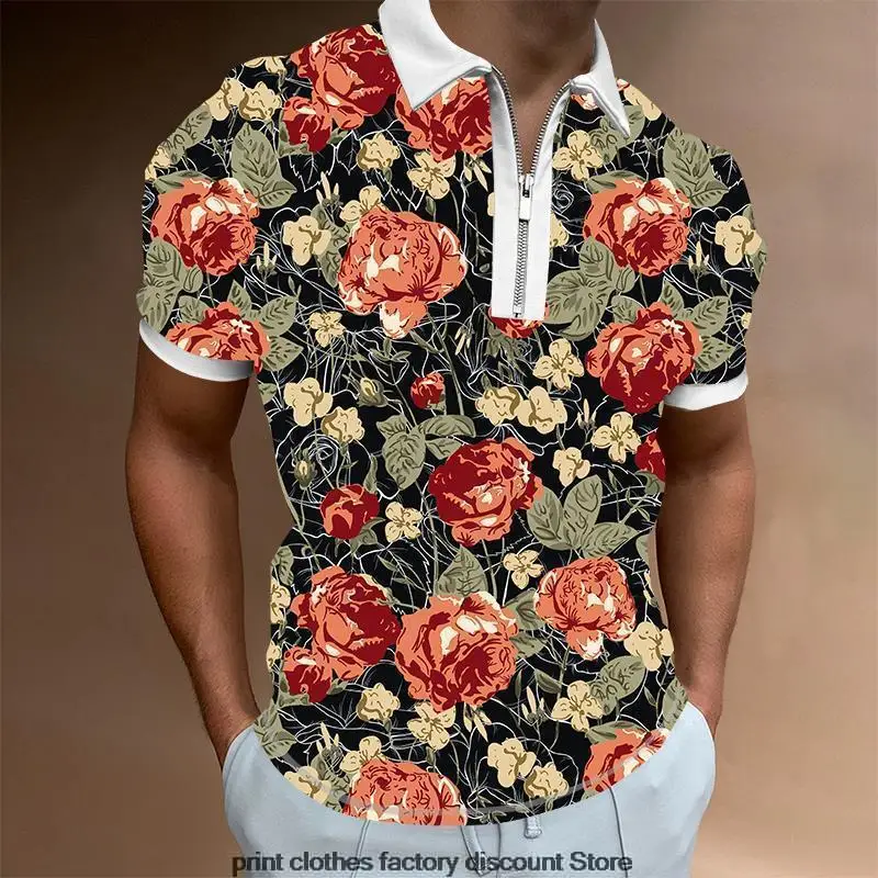 

New Summer Men's Clothing Polo Shirts Print Casual Short Sleeve Tees Male Turn-Down Collar Zipper Design Fancy Printing Tops