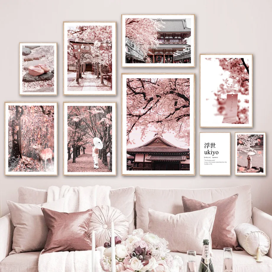 

Japan Shrine Osaka Sakura Woman Landscape Wall Art Canvas Painting Nordic Posters And Prints Wall Pictures For Living Room Decor