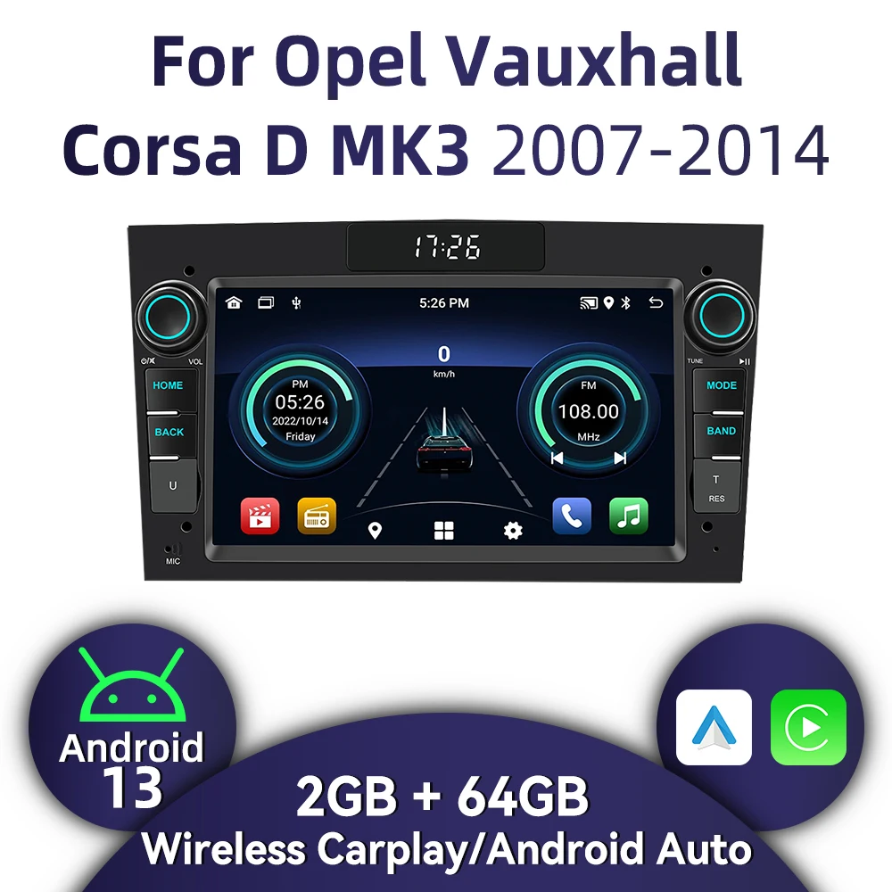Фото 2-диночное радио Android для Opel Vauxhall Corsa D MK3 2007-2014, 7-дюймовый экран, беспроводной Carplay, автомобильный мультимедийный головное устройство, стерео авторадио №1