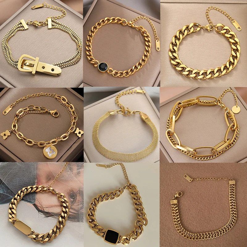 

Stainless Steel Layered Thick Chain Bracelet For Women 2022 New Trendy Gold Color Geometric Punk Hip-Hop Jewelry Wholesale