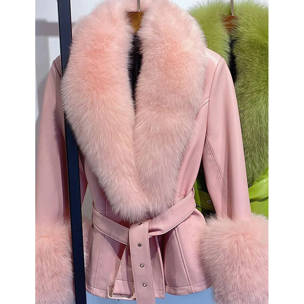 Denny &amp Dora женское пальто из натуральной кожи с воротником лисьего меха плащ