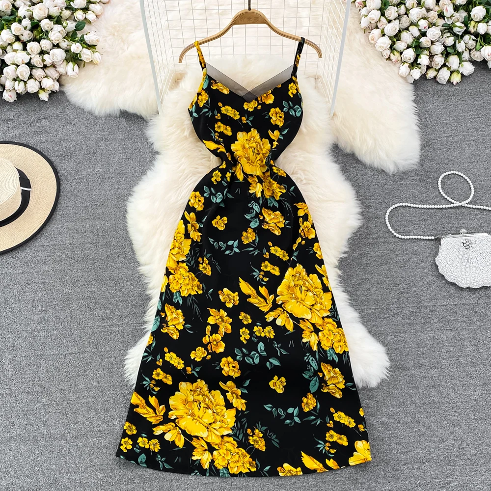 

Tea Break Floral Suspender Dress Women's Summer Temperament Waist Slimming Sleeveless Backless Mid-length A-line Dress