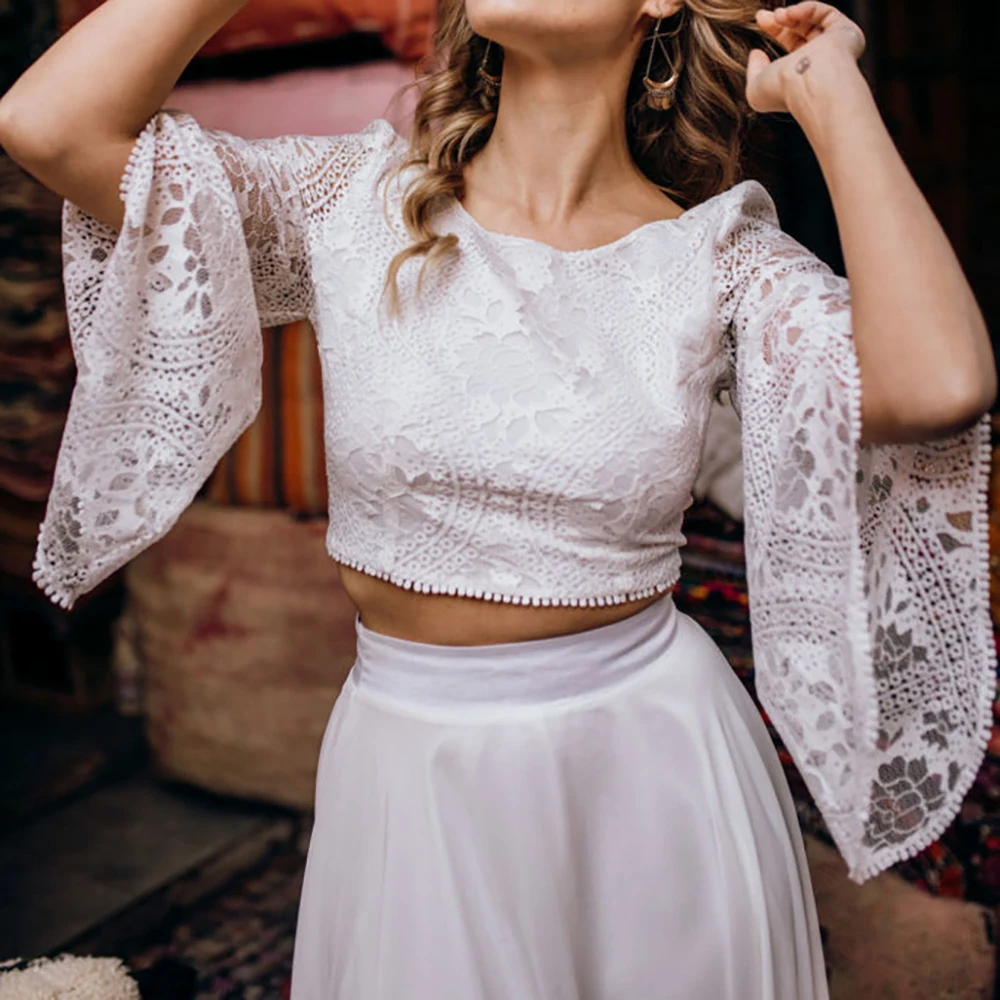 Boho Две части 34 Рукава-колокольчики Свадебное платье Кружева Индивидуальная линия Шикарная шифоновая юбка Плюс Размер Совок сзади Пляжные свадебные платья (art.: 3920cd0728091) - 3920cd0728091