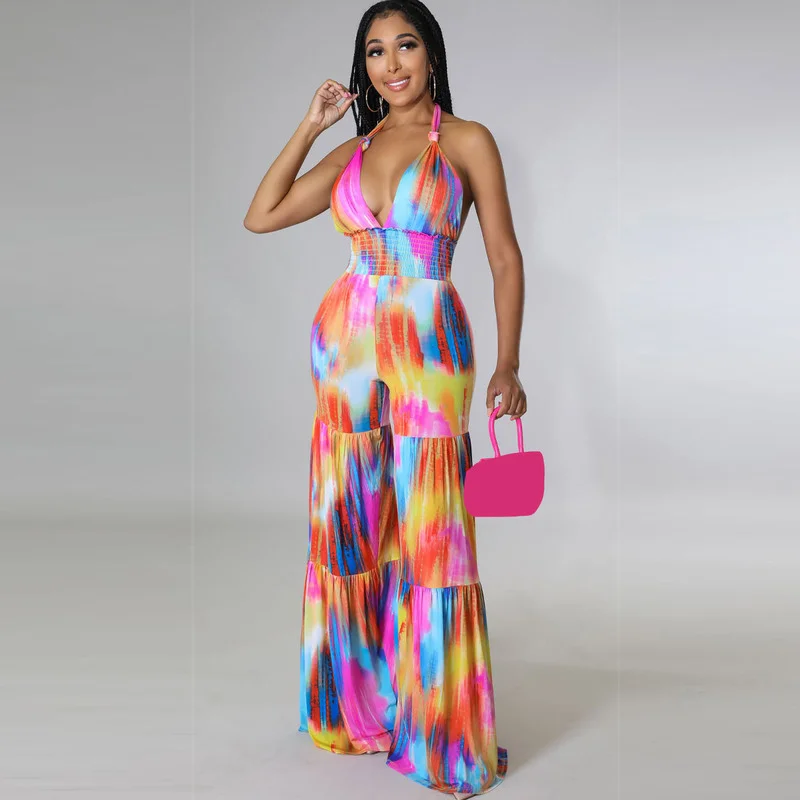 

WUHE Tie Dye комбинезон с глубоким V-образным вырезом, открытой спиной, высокой талией, широкими штанинами, сексуальный женский комбинезон