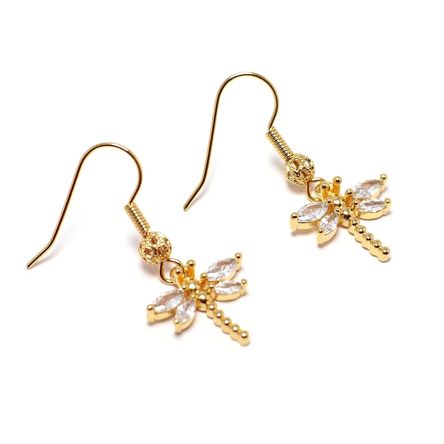 

Dragonfly Zircon Charms Dangle Earrings,Gold Color Plated Brass,Zircon Drop Earrings 33mm,1 Pair