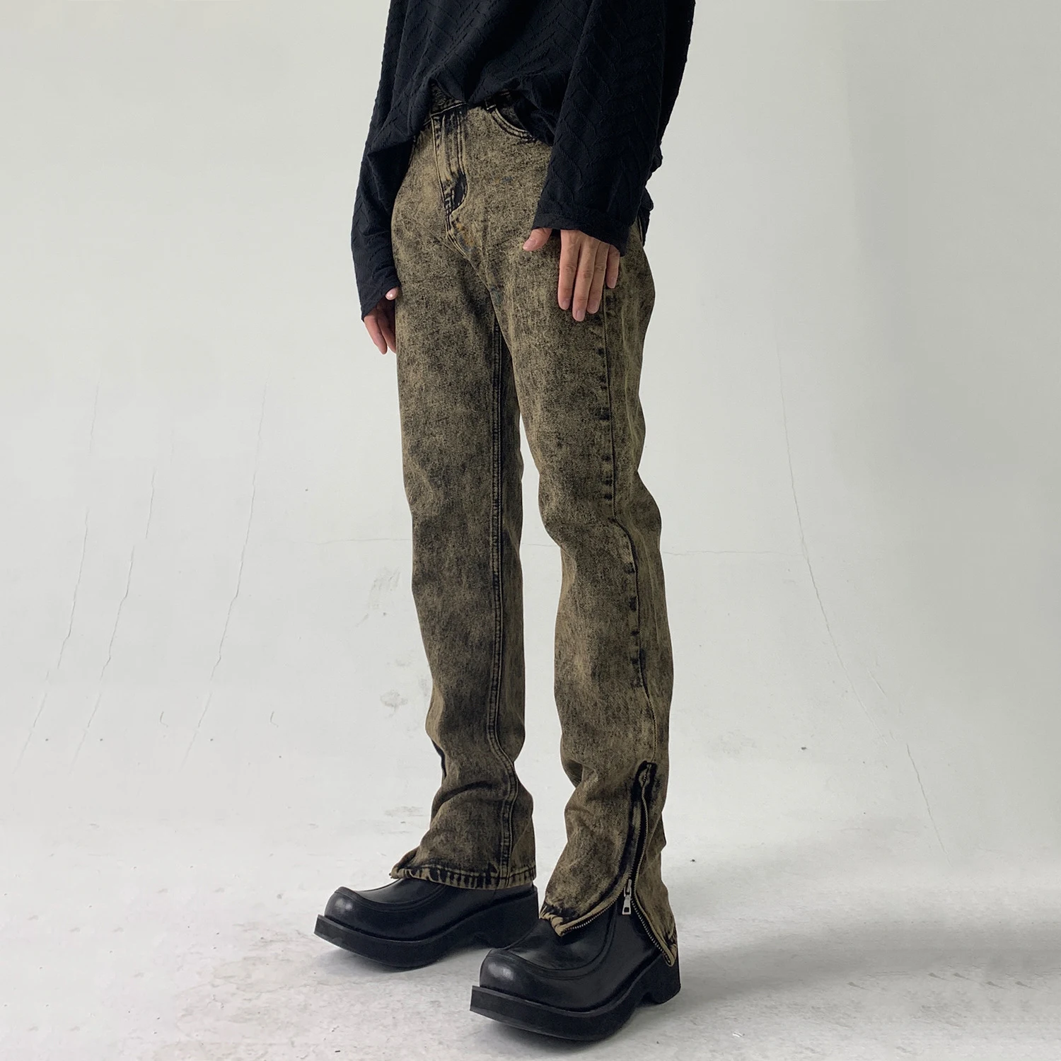 Washed Retro Men's Distressed Jeans Korean Style Street Trend Slim Fit Slim Side Zipper Casual Trousers Streetwear Men's Casual