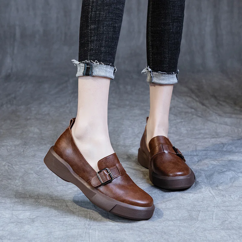 w stylu brytyjskim Małe skórzane buty damskie Nowe duże Wiosna Jesień Gumowe Retro Miękkie podeszwy Płaska podeszwa