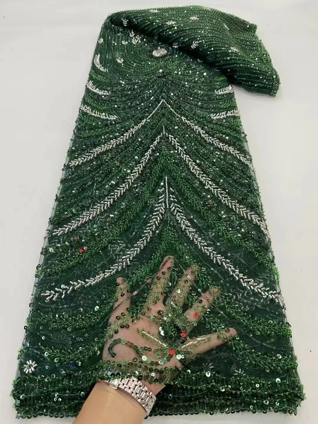 

Nigerian Bead Tube Fabric 2023 Green High Quality Luxury Embroidery Hand Made Heavy Beaded Lace Fabric Wedding Dress