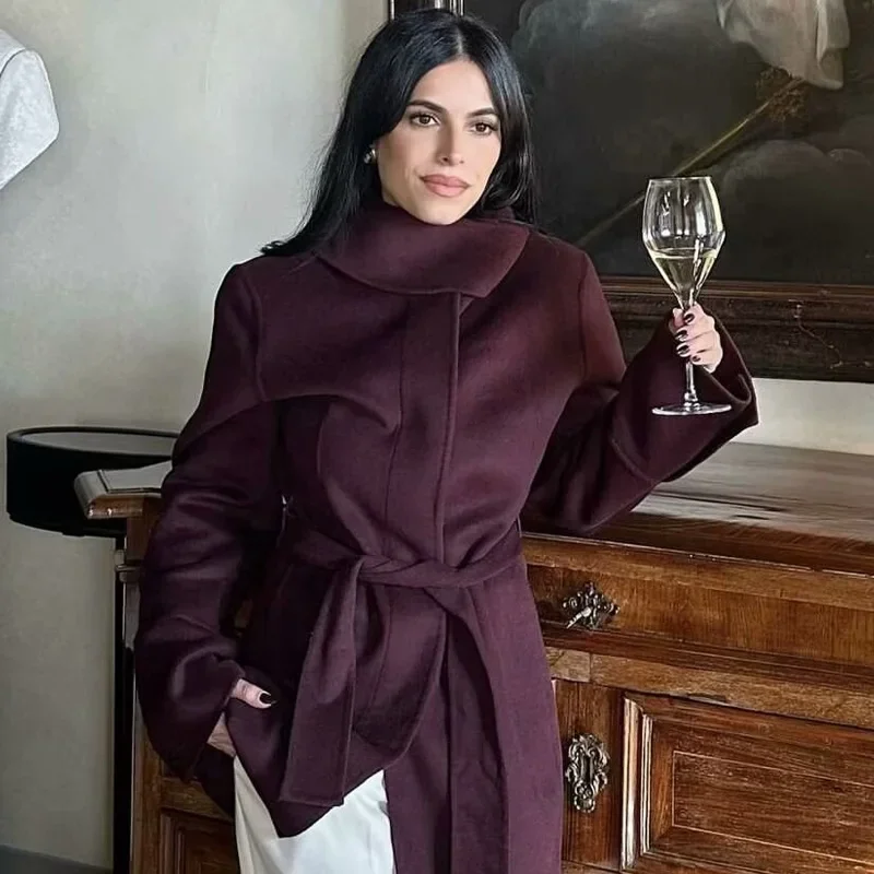 TRAF Твидовая длинная верхняя одежда Женское пальто Бордовый пояс Пальто с