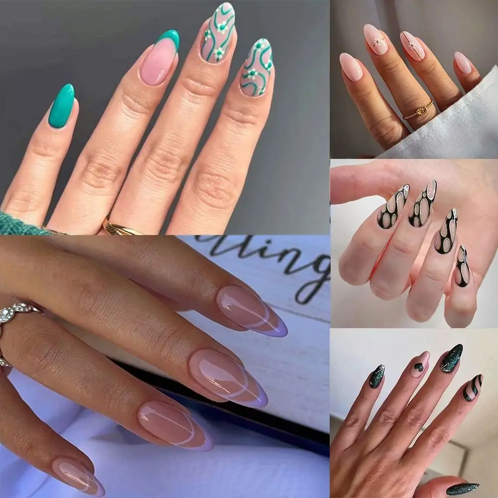 Накладные ногти для французского маникюра, накладные ногти Hlollow с длинным миндалем, Звездные цветы, съемные накладные ногти «сделай сам»