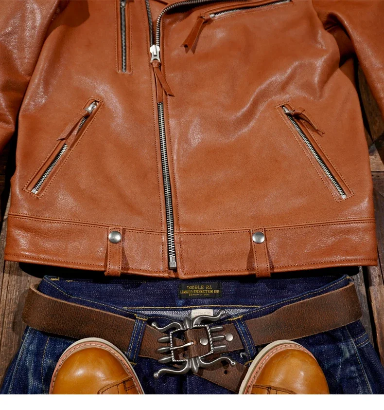 Мужская короткая двойная куртка из натуральной кожи Ri*der без покрытия мытой