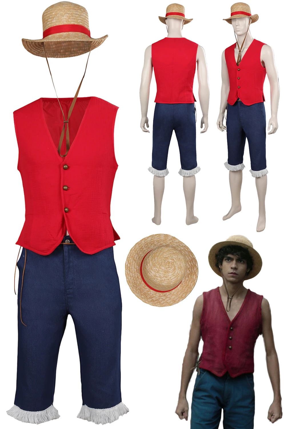 

Monkey D. Luffy Cosplay Fantasy Straw Hat T Shirt Anime Live Action TV One Cos Piece Costume Adult Men Cosplay Disguise Outfits