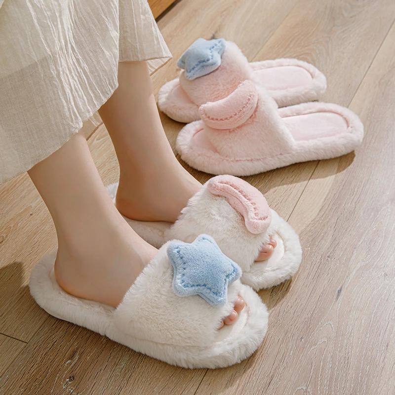 

New Star Moon Contrast Color Opening Women's Cotton Slippers Indoor Plush Slippers Women's Winter Warm Plush Cotton Slippers