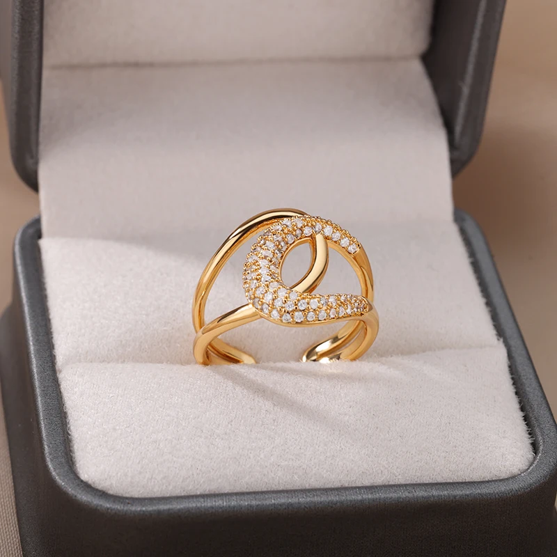

Luxury Bling Zircon Rings for Women Open Geometry Stainless Steel Zirconia Adjustable Ring Couple Wedding Jewerly bague femme