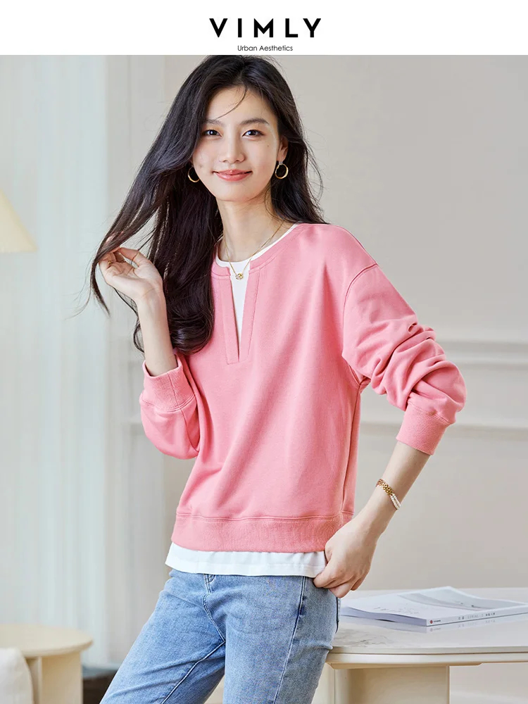 

Vimly 2023 Autumn New Pink Sweatshirts for Women Fake Two Piece Drap Long Sleeve Tops Round Neck Loose Fit Pullovers M2565