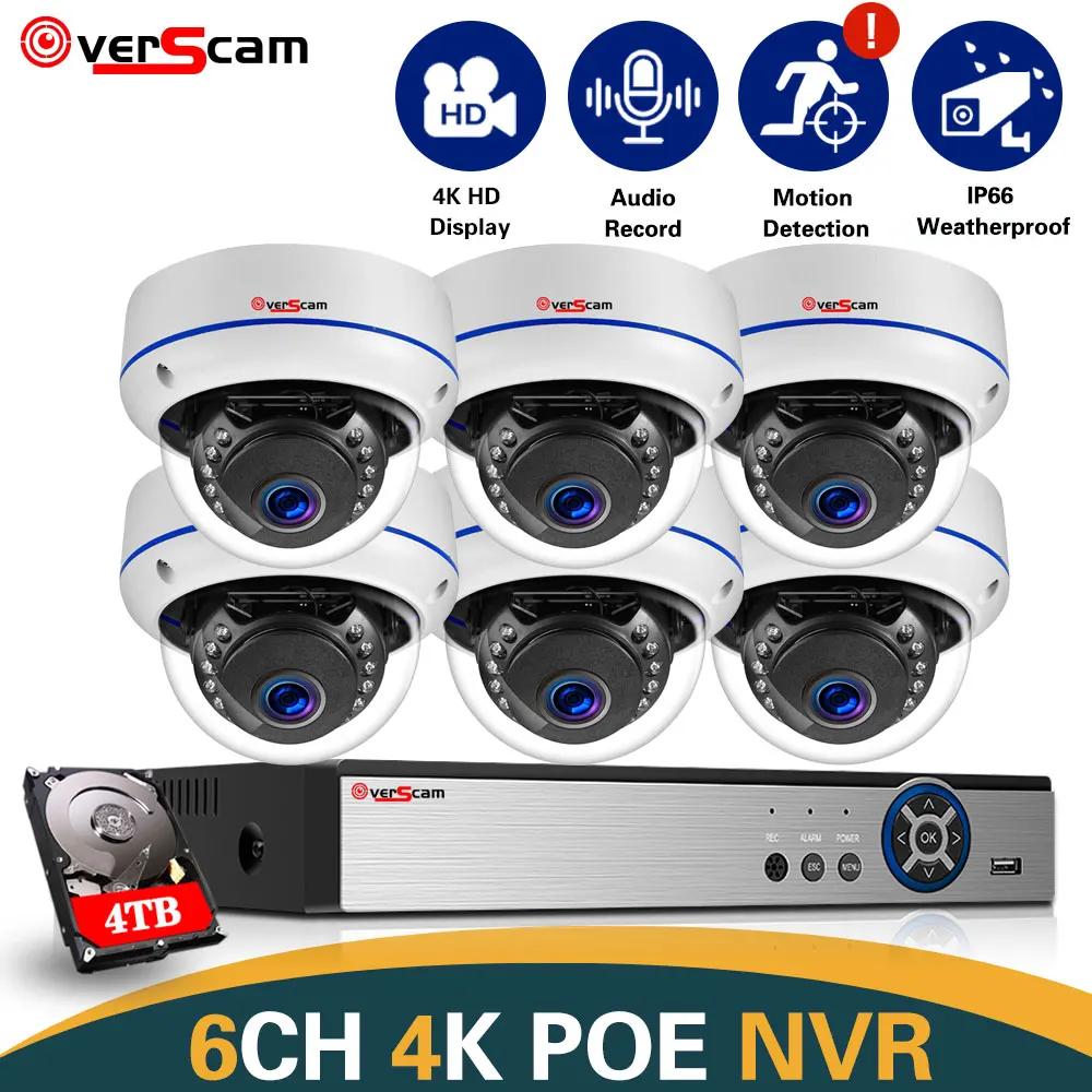 H.265 6 Channel 4K NVR Kit 8MP POE CCTV Security Protection Surveillance Camera System Outdoor Vandalproof Dome IP Camera Set