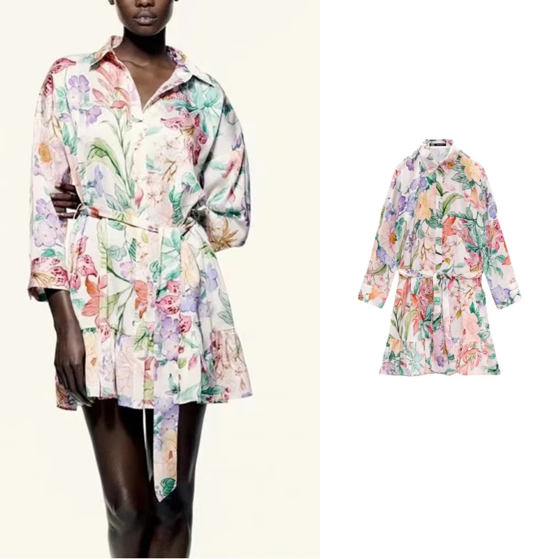 

2022 ZA New Women Flower Print Shirt Style Mini Dress Spring Summer Fashion Elegant Loose Ninth Sleeve Casual Dress