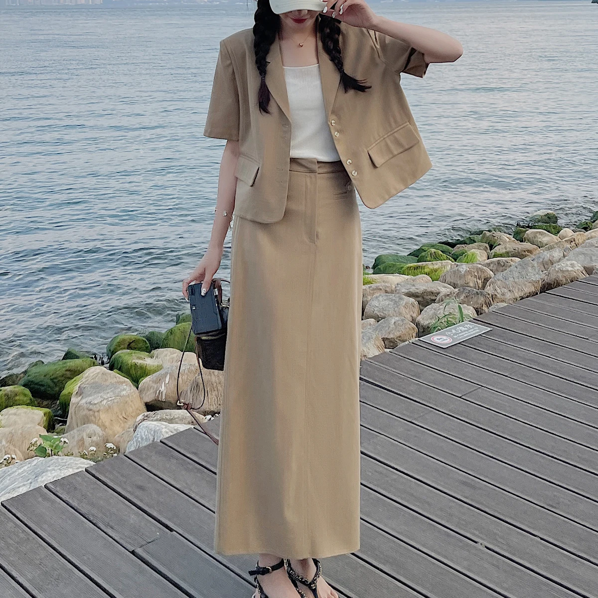 

Summer Two Piece Set Women Suits Short Sleeve Blazer Crop Top And Mid Skirt Elegant High Fashion Woman Chic Lady 2 Piece Set