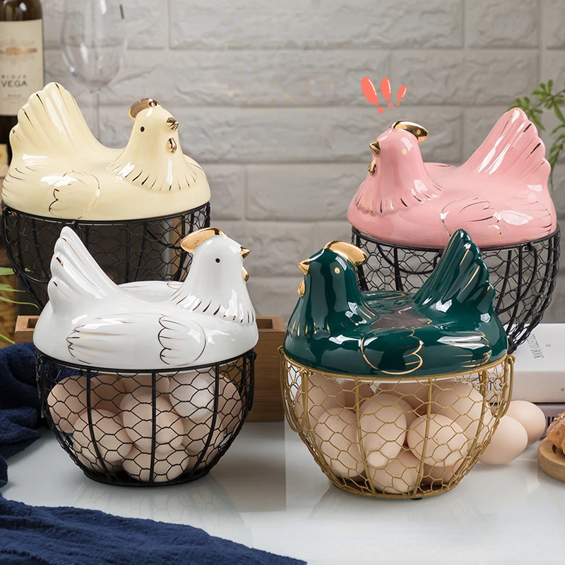 

Cute Hen-shaped Egg Storage Basket Metal Wrought Iron Egg Basket with Lid Kitchen Food Debris Storage Container Home Decoration