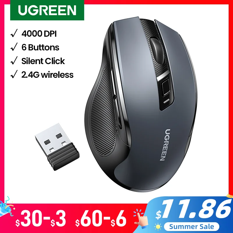 Top Início Saleuugreen Mouse Ergonômico sem Fio 4000 Dpi Silencioso Botões para Macbook Tablet Portátil Mudo Ratos Silencioso 2.4g Mouse