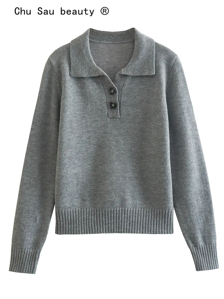 

Женский трикотажный свитер, повседневный винтажный джемпер с длинным рукавом и воротником-поло, Осень-зима 2022