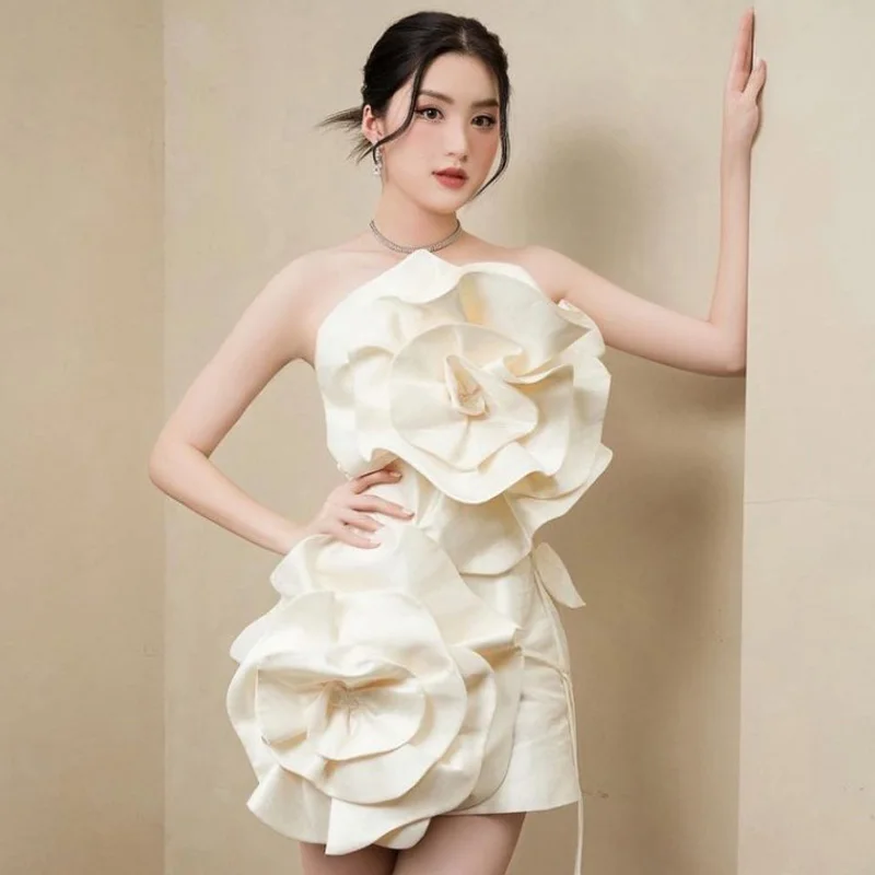 Strapless Mini Length Party Dress For Women Beige Flowers Gown Ruffled Woman Clothes Elegant Sleeveless Prom Dresses Custom Made