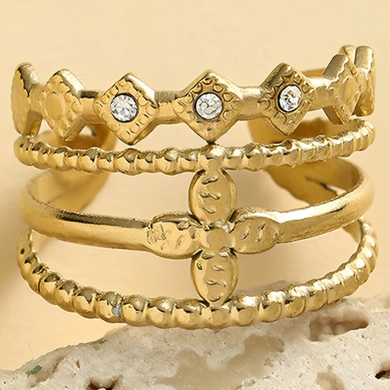 

Three Layer Hollow Stainless Steel Rings For Women Luxury Diamond Gold Flower Rings Open Adjustable Rings Fashion Jewelry gifts