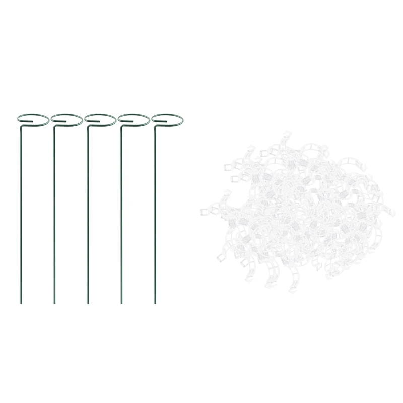 

100Pcs Durable 25Mm Plastic Plant Support Clips & 5 Pack Stakes Single Stem Support Stake Plant Cage Support Rings
