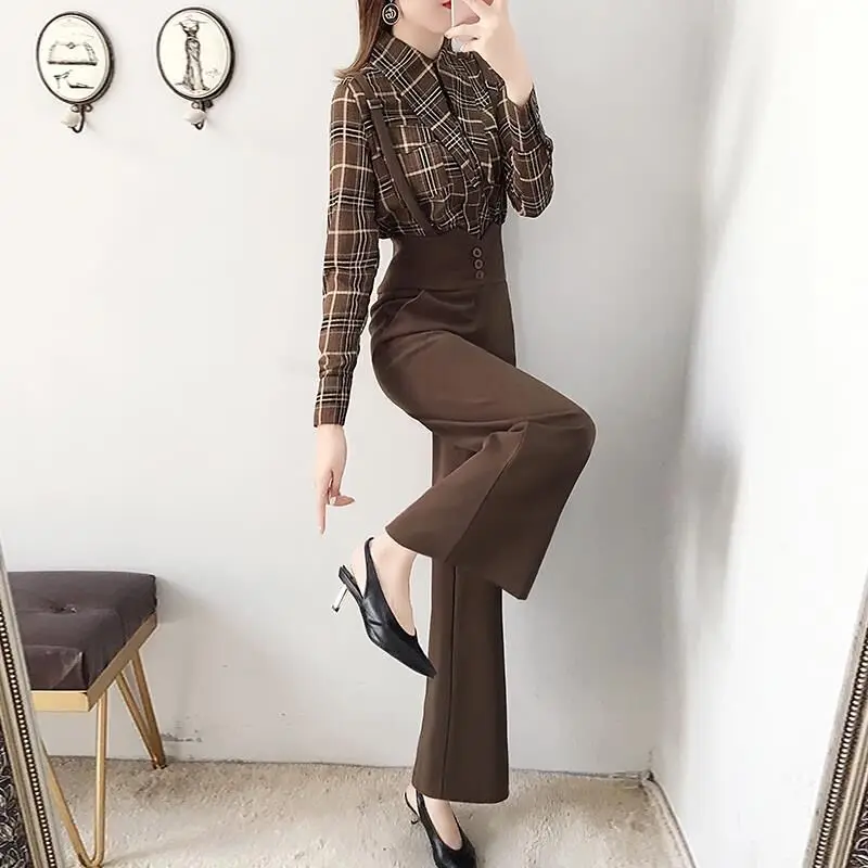 

Женский комплект из 2 предметов, модная рубашка, брюки на бретельках, широкие брюки с высокой талией