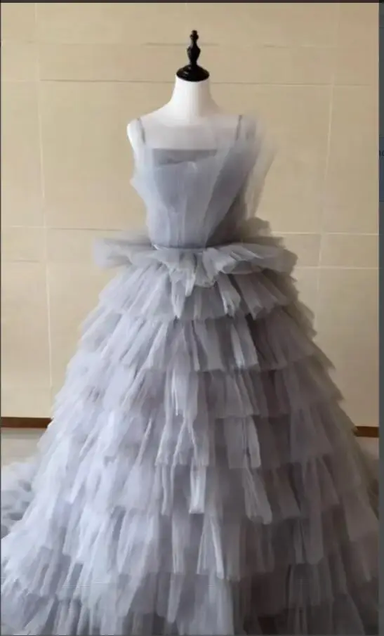 

OLOEY Luxury Dusty Blue Tulle Korea Evening Prom Dresses For Wedding Photo shoot Tiered Ruffles Party Gowns Corset Back