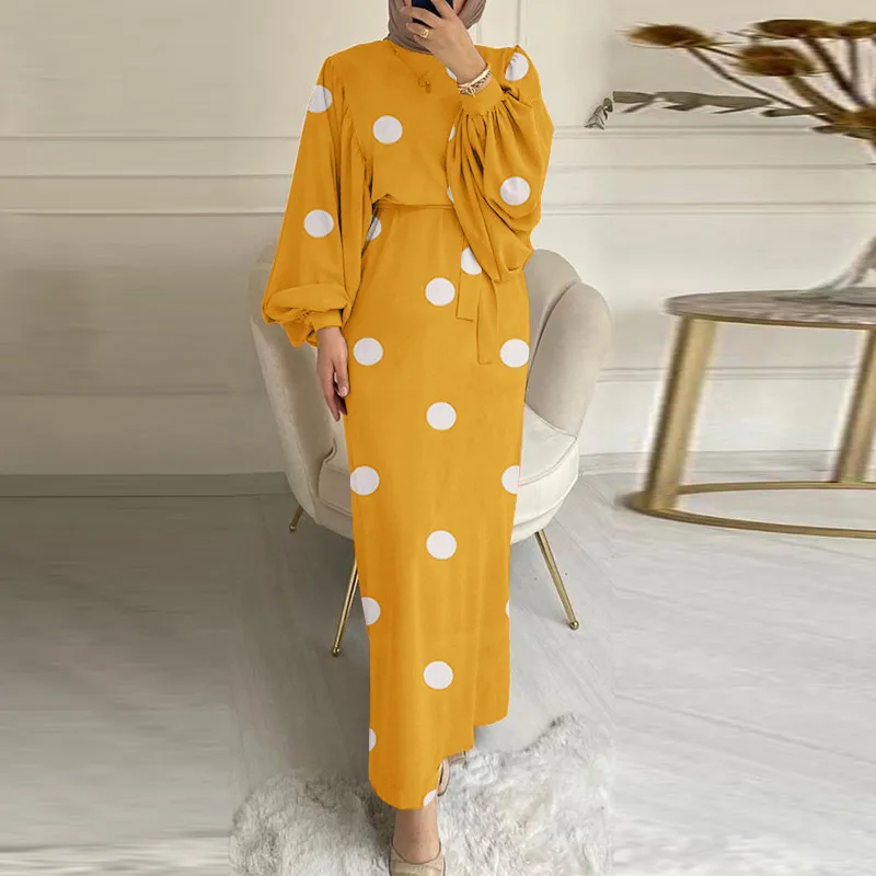 Muslim Dress Casual Long-sleeved Robe Retro Printed Polka-dot Sundress Muslim Dress Women  Abayas for Women Dubai Abaya Dress