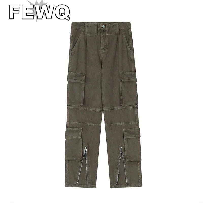 

FEWQ Multi Pockets Men's Cargo Pant Zipper Slit Male Overalls Safari Style Trousers Straight Casual 2023 Spring Tide New 24B1084