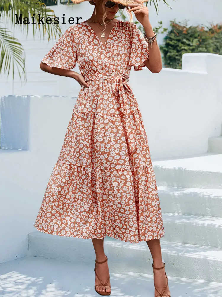 

Женское длинное платье в горошек, элегантное винтажное платье с V-образным вырезом и цветочным принтом, весна-лето 2023