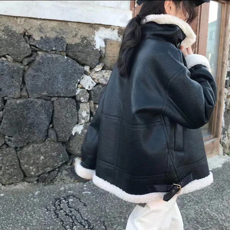 Faux Fur Coat Women Fall Winter Jacket 2022 New Loose Warm Lambswool Thicken Locomotive Lapel Female Coat PU Outerwear