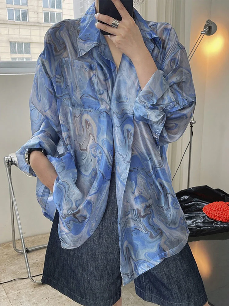 

Sunscreen Printing Shirt One Button Lapel Long Sleeve Loose Top Women Fashion Clothing 2022 Summer Blue Color G250