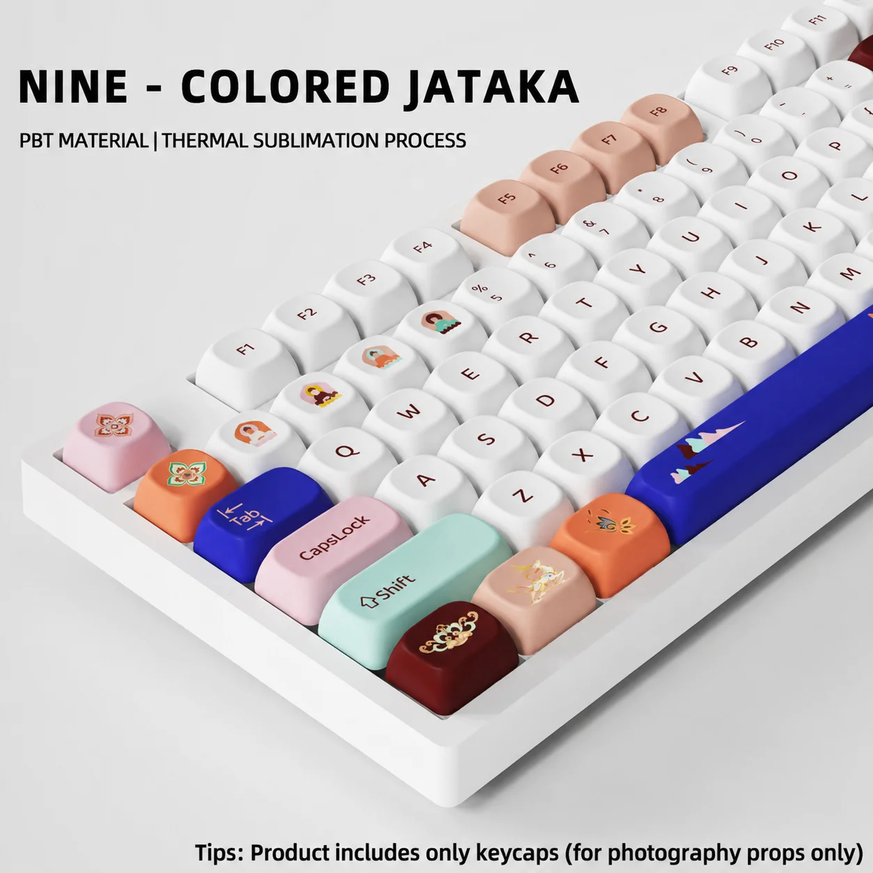 Фото Девятицветные колпачки для клавиш Jataka, 121 клавиша, PBT, профиль MOA, DYE-SUB, для механических клавиатур с переключателями MX, раскладка ISO ANSI №3