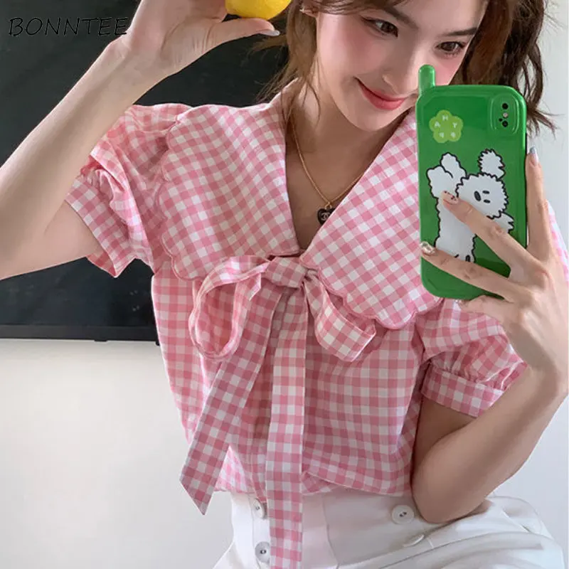 

Розовые рубашки в клетку, женские милые рубашки в стиле Питер Пэн с воротником, милые мешковатые летние рубашки, корейская мода